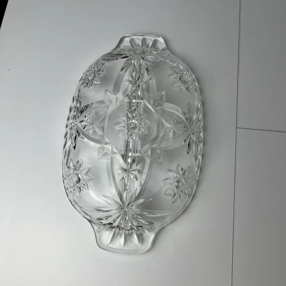 Vtg Anchor Hocking Glass Oval Divided Relish Dish Star of David Tablescape Decor